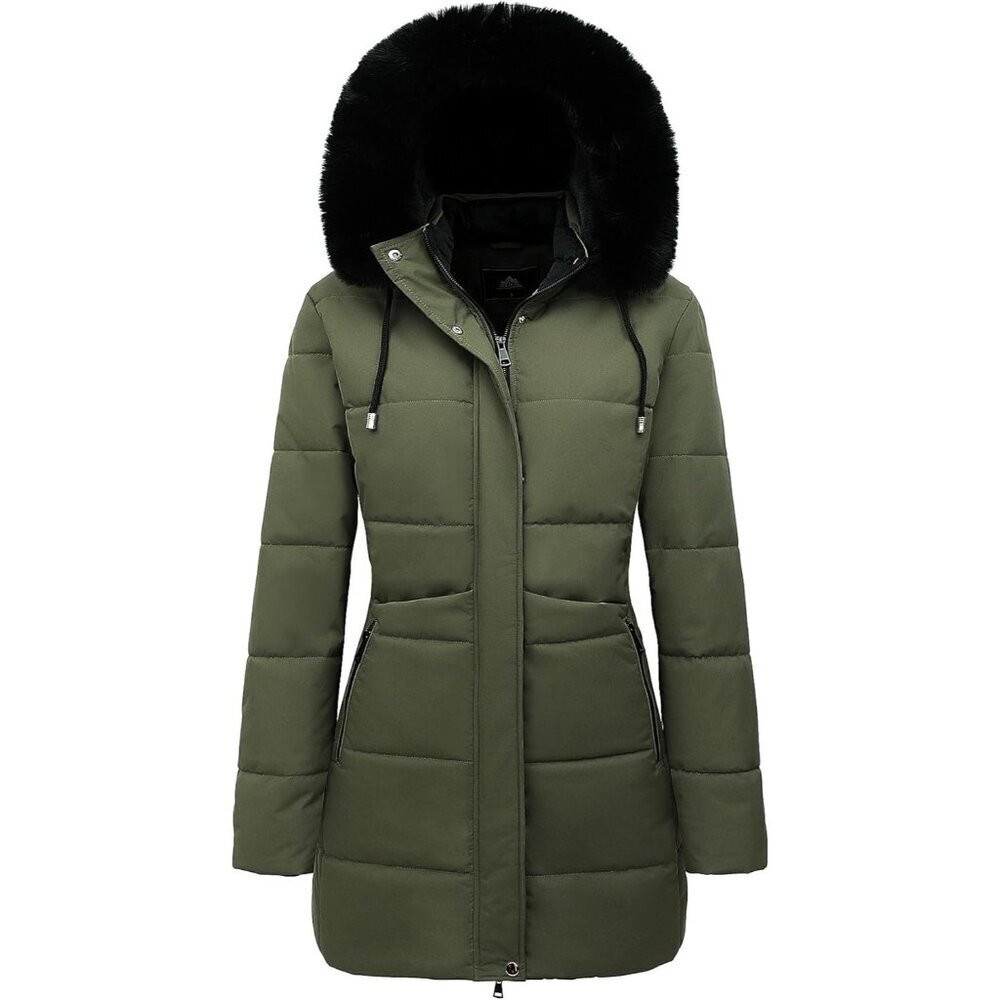 Women's Green Winter Puffer Coat Thicken Fleece Lined Down Jacket Waterproof